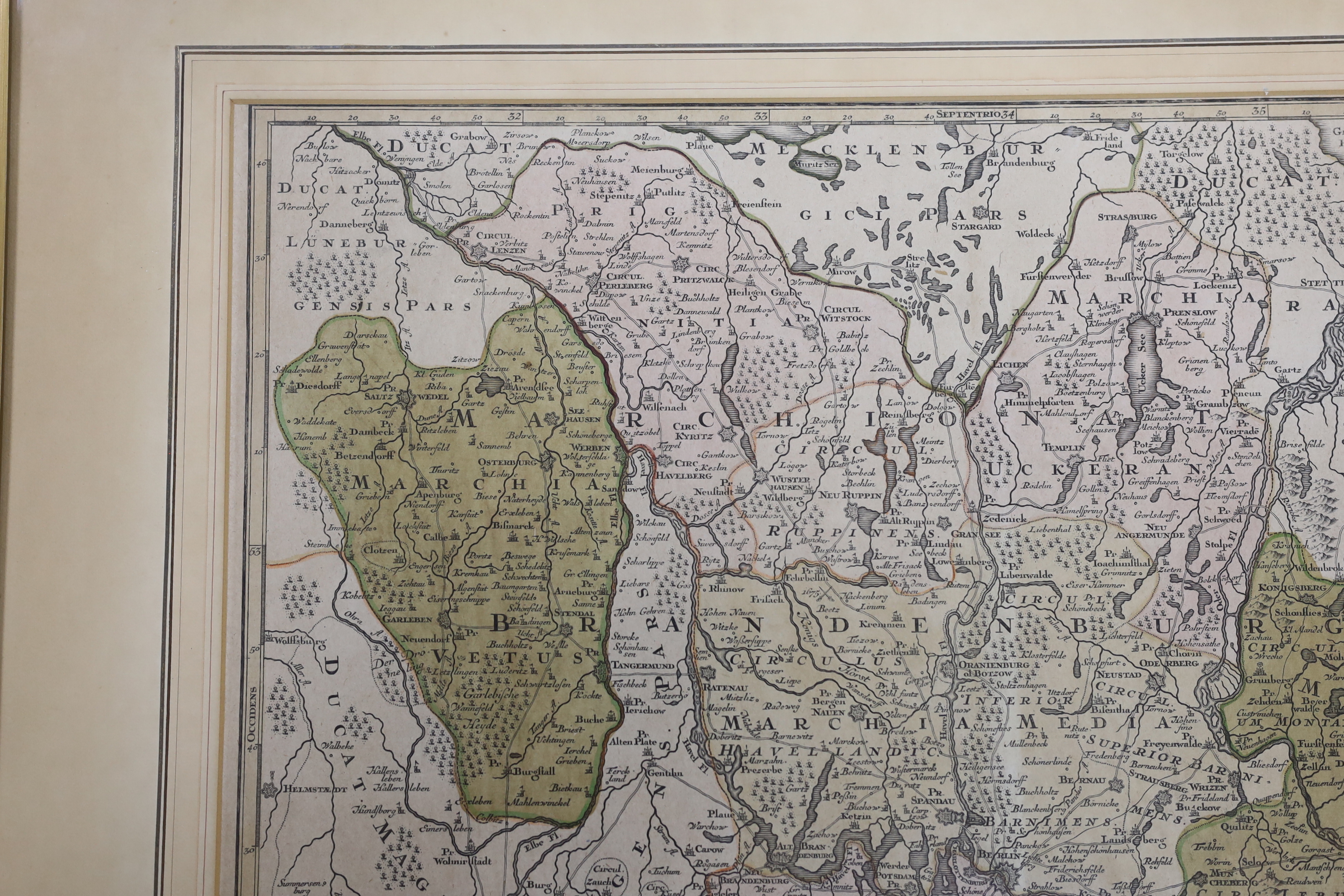 A framed hand coloured engraving, Map of Brandenburg, by Mattheus Seutter, c.1730, 57 x 50cm